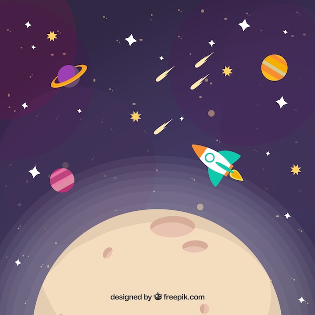 Free Vector moon background with rocket and other planets