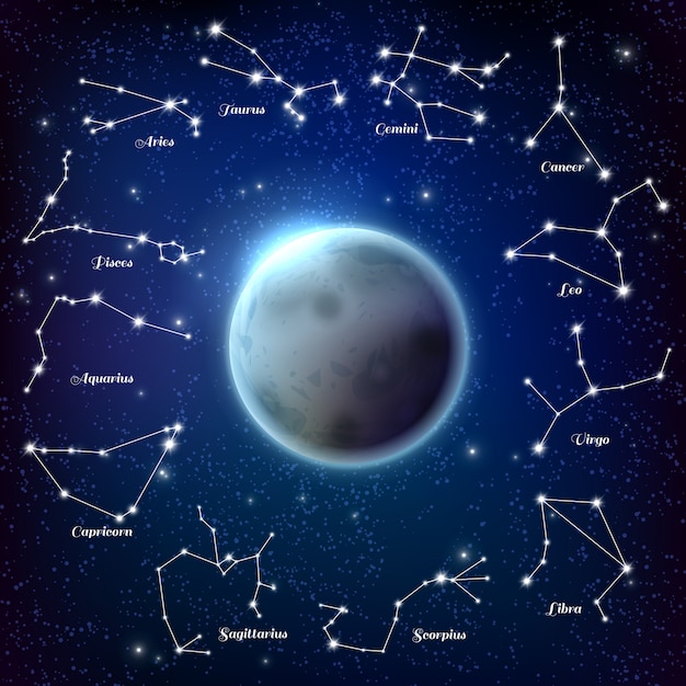 Free Vector moon and zodiac constellations realistic illustration