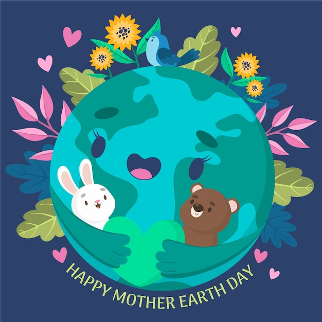 Free Vector mother earth day banner with earth hugging animals