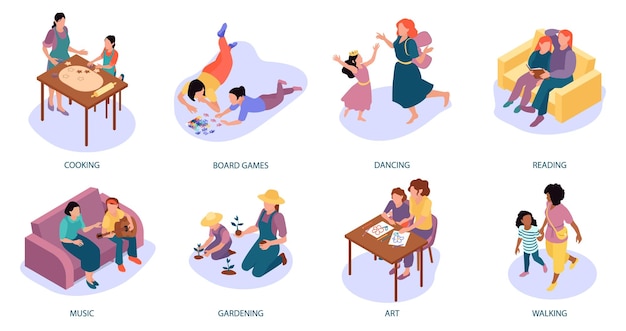 Free Vector motherhood family activities isometric compositions collection isolated on white background vector illustration