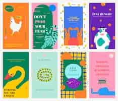 Free vector motivational quote template vector for social media story with cute animal illustration set