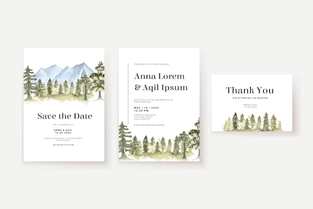 Free Vector mountain forest watercolor wedding invitation set