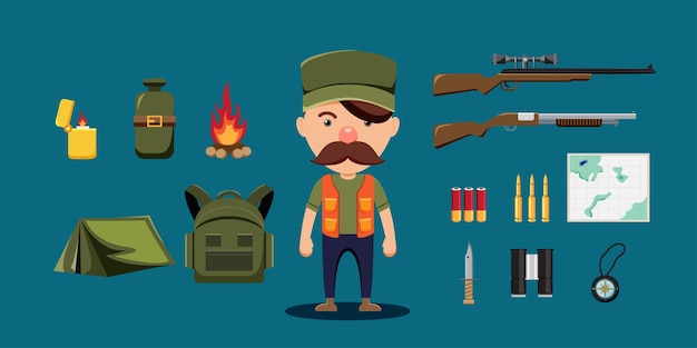 Free vector the moustache man with hunter equipment lighter bonfire flask map compass and weapon in cartoon style for graphic designer vector illustration