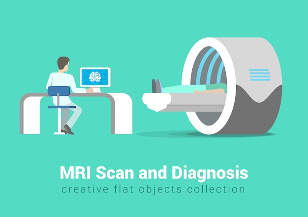 Free Vector mri scan and diagnostics process. hospital patient and doctor in procedure room interior. creative people healthy lifestyle collection.