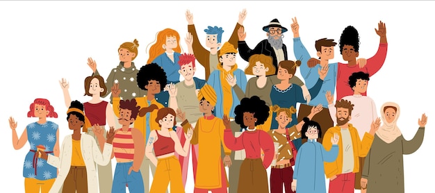 Free Vector multiracial group of happy people waving hand