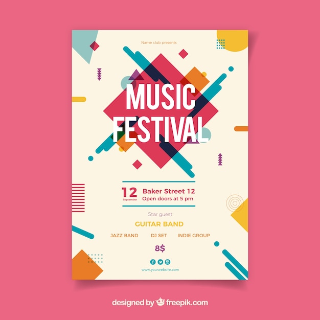 Free Vector music festival poster with instruments in flat style