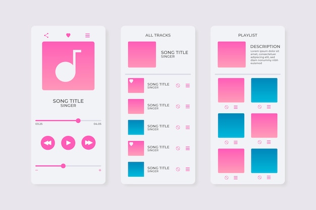 Free vector music player app interface template pack