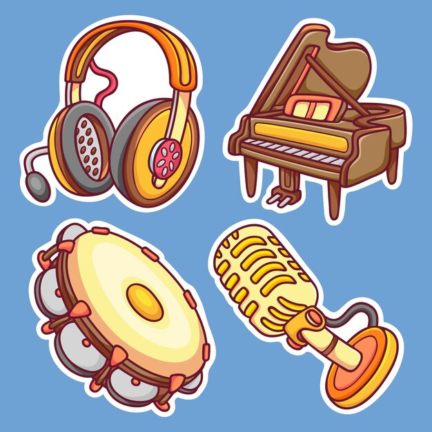 Musical Instrument Sticker Icons Hand Drawn Coloring Vector