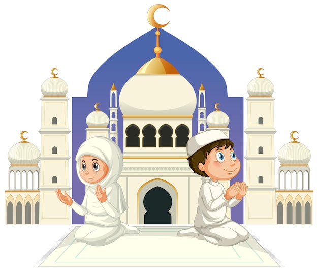 Muslim Couple Praying Cartoon Character