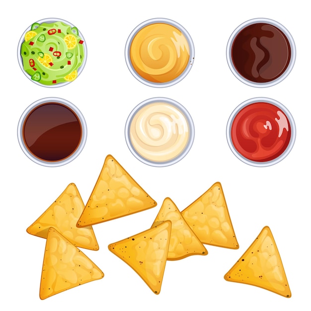 Free Vector nacho chips and sauces in bowls isolated. mexican food cartoon style illustration.