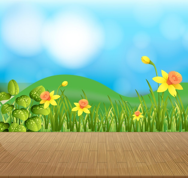 Free vector nature background with flower field and green grass