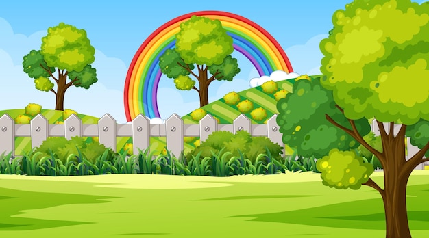 Free vector nature park scene background with rainbow in the sky