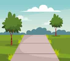 Free vector nature park with trees and path scenery cartoon