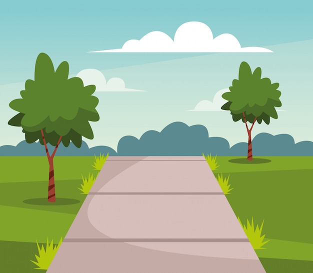 Free Vector nature park with trees and path scenery cartoon