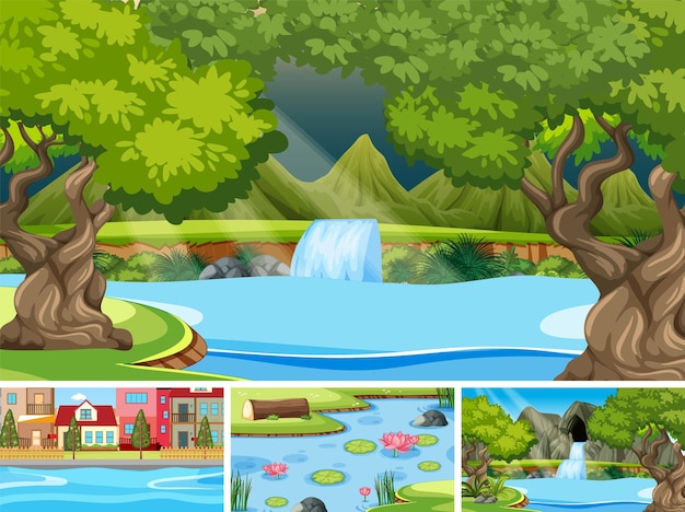 Free vector nature scene with many trees and waterfall