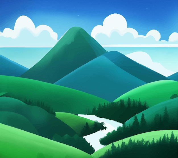 Free vector nature scene with river and hills, forest and mountain, landscape flat cartoon style illustration