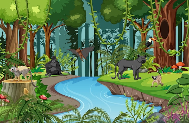 Free vector nature scene with stream flowing through the forest with wild animals