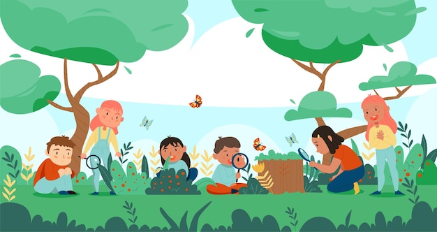 Free Vector nature study forest composition with outdoor landscape and group of children human characters discovering wild nature illustration