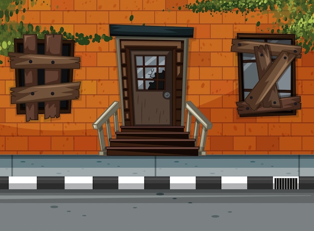 Free vector neighborhood scene with ruined building along the road