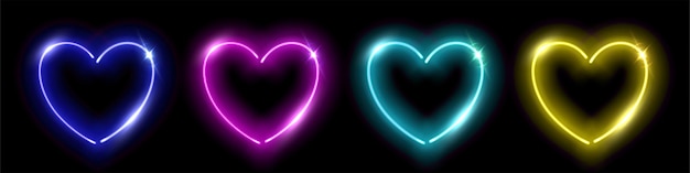 Neon hearts love symbol of valentines day vector illustration set glowing objects from led wires frames with bright blue purple yellow green lines for nightclub isolated on black background