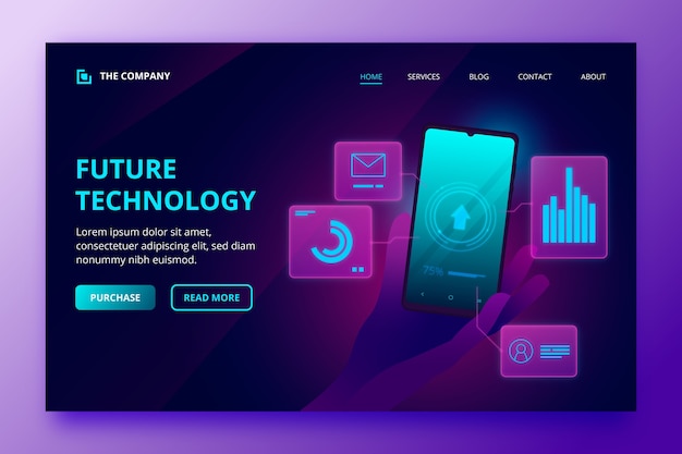 Free vector neon landing page template with smartphone