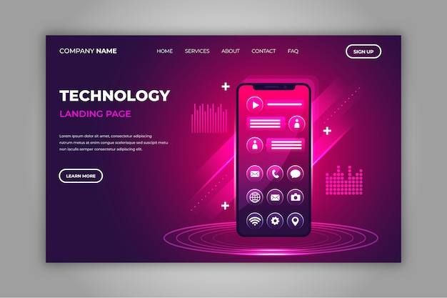 Free vector neon landing page with smartphone