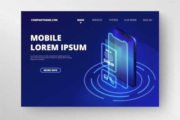 Free vector neon template landing page with smartphone