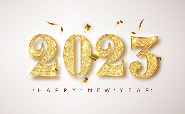 New year banner with gold glitter numbers on bright background with flying confetti banner for chris