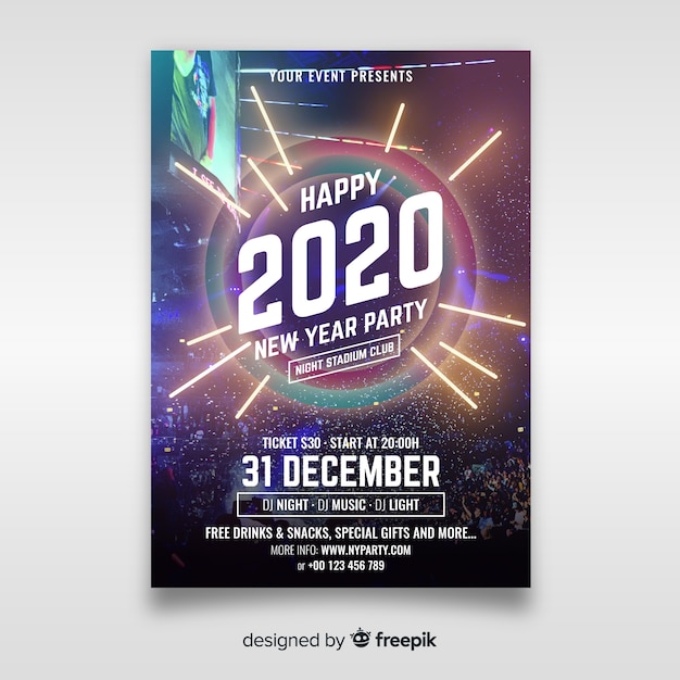 Free Vector new year party poster template with photo