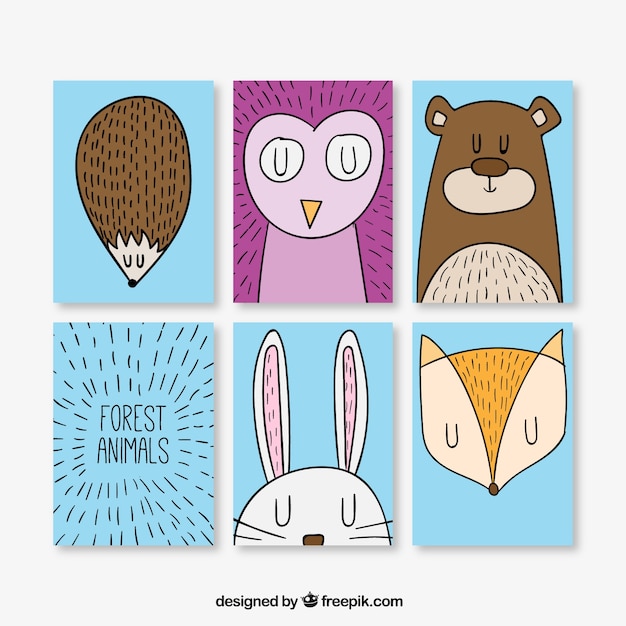 Free vector nice cards pack of hand drawn animals