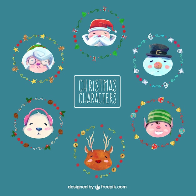 Free vector nice christmas characters painted with watercolor
