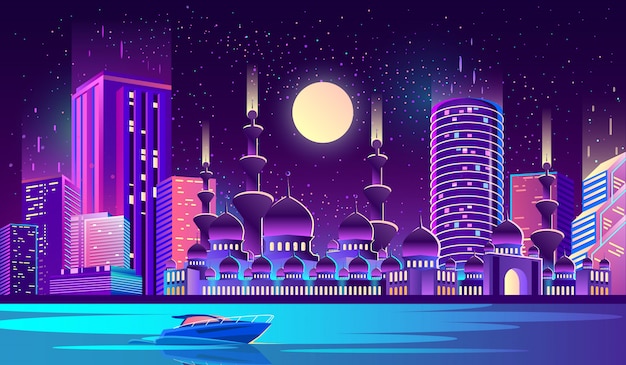 Free Vector night city background with muslim mosque