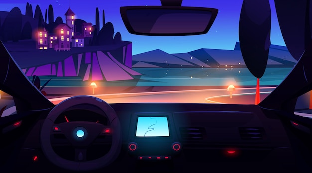 Free Vector night coast car ride to village island landscape sea view vector mediterranean cartoon background inside vehicle dashboard wheel and navigation screen on way to distant coastal countryside scene