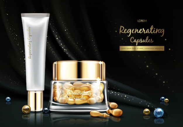 Night cosmetics line with skin regenerating oil or essence realistic vector banner. 