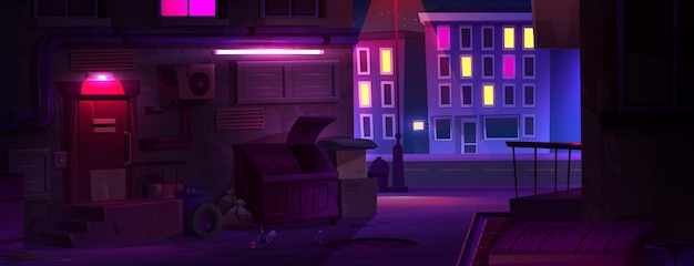 Free Vector night dark city alley street cartoon background urban building with cyber neon light on house wall back alleyway in neighborhood near road with cityscape colorful nyc downtown life with trash