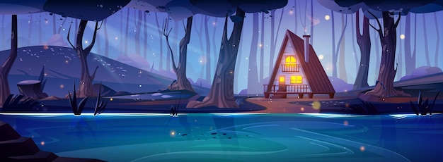 Free Vector night forest with lake house and fireflies