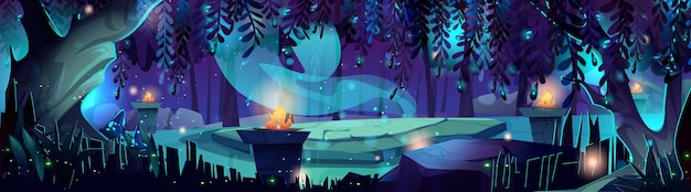 Free Vector night magic forest with stone arena landscape