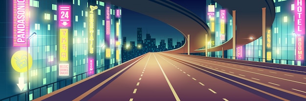 Free Vector night metropolis empty, four-lane highway, freeway road illuminated with restaurants, hotel, road and karaoke bar neon colors signboards cartoon vector background. modern city nightlife background