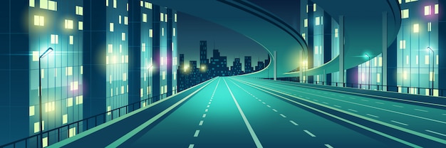 Free Vector night metropolis empty, four-lane, illuminated with street lights speed highway, town freeway with overpass or bridge in above going to skyscrapers buildings on horizon cartoon vector illustration