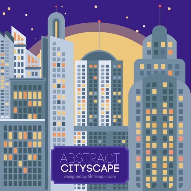 Free vector night modern city with skyscrapers background