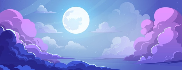 Free vector night starry sky with fluffy clouds in anime style