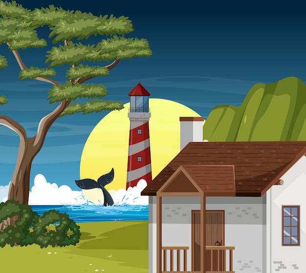 Free Vector night view of lighthouse at the coast