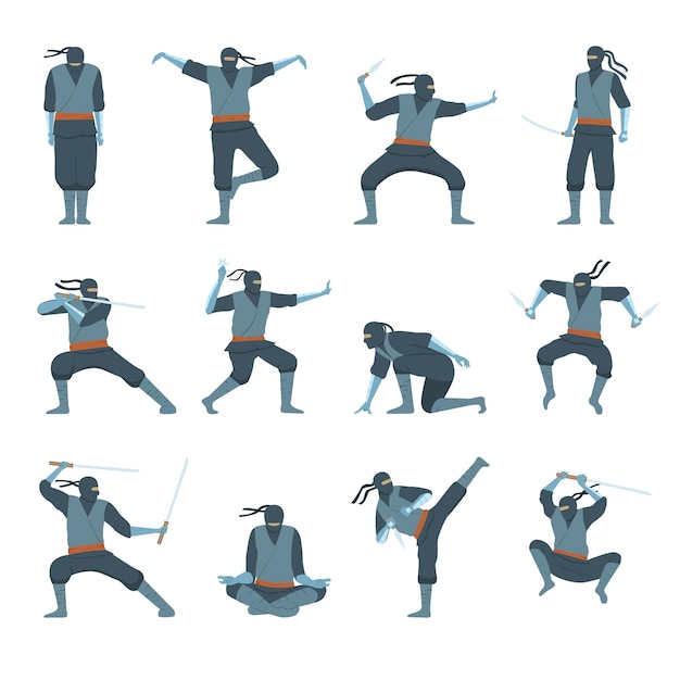 Free Vector ninja flat set with male human characters of warriors with weapons in various poses isolated against white background vector illustration