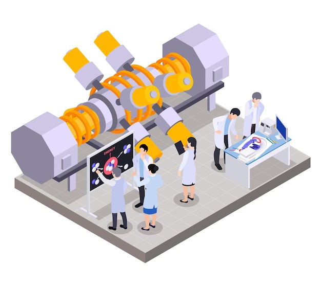 Free Vector nuclear energy fusion fission isometric composition with isolated view of factory unit and group of scientists vector illustration