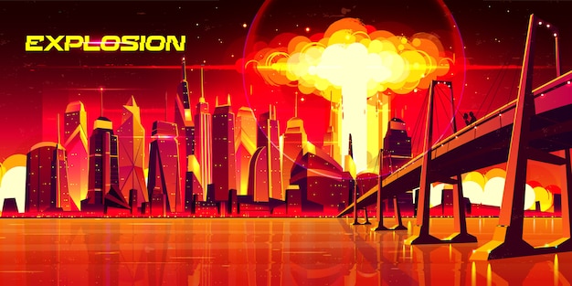 Free vector nuclear explosion in city metropolis. couple stand on bridge watching on fiery mushroom cloud of atomic bomb detonation raising under skyscrapers buildings, end of world. cartoon illustration