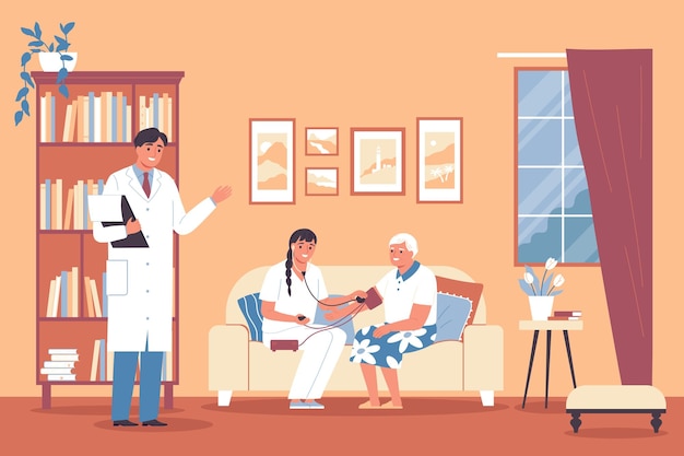 Free Vector nursing home doctor composition doctor and  nurse pair up to monitor her health and take the old ladys blood pressure vector illustration