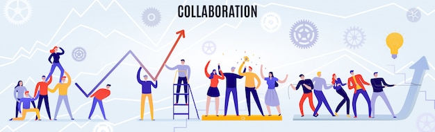 Free vector office teamwork concept with people working together flat horizontal