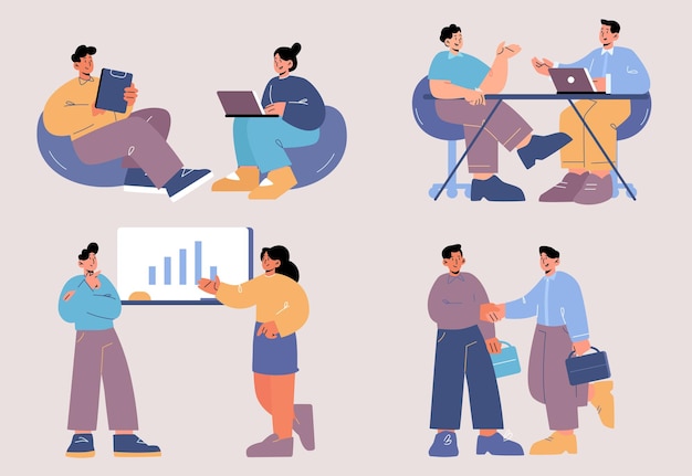 Office workers business men and women characters work on laptops, communicate, analysing data chart, shaking hands. Clerks, professional corporate employees, Line art flat vector illustration, set