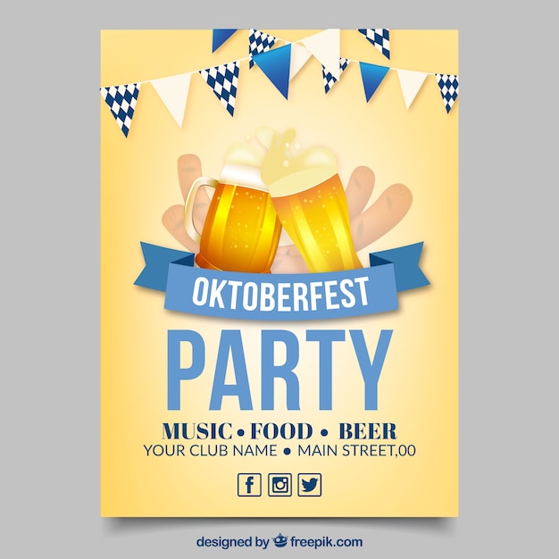 Free Vector oktoberfest poster with two beers and a blue ribbon