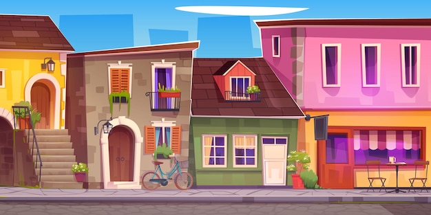 Free vector old italian town street with cafe vector cartoon illustration of traditional european architecture stone paved road houses with balconies and shutters on windows decorated with flowers sunny day